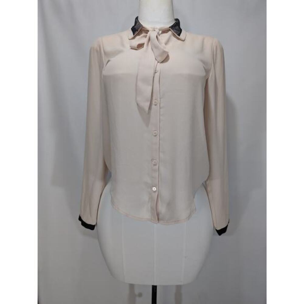 Ann Taylor LOFT Blouse XS Cream Black Lace Trim Bow Neck Long Sleeve‎